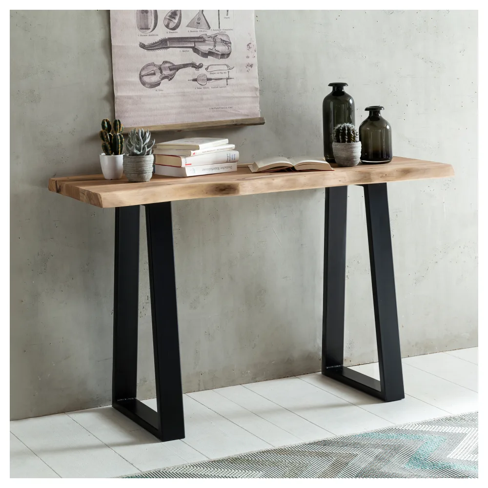 Massiver Konsolentisch GAYA 120 x 45 cm Akazie Massiv Holz Baumkante mit Metallbeinen, Schmaler Design Schreibtisch Baumstamm, MassivholzTisch Konsole