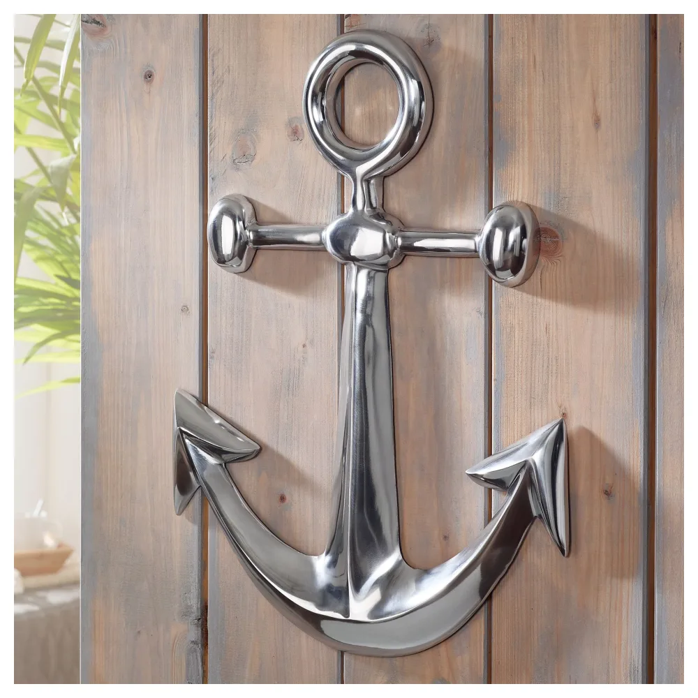 FineBuy Anker Wanddeko Aluminium 62x40 cm – Maritime Wanddekoration in Silber – Metall Deko Anker für Wohnzimmer Flur Badezimmer – Nautischer Wandanker im maritimen Stil – Modernes Wandobjekt