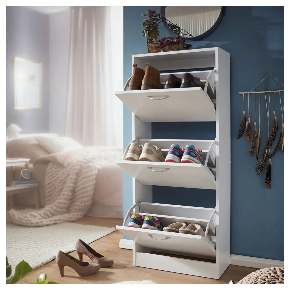 FineBuy Schuhkipper mit 3 Fächern für 18 Paar Schuhe, Moderner Schuhschrank in Weiß, Schuhkommode 50 x 24 x 125 cm