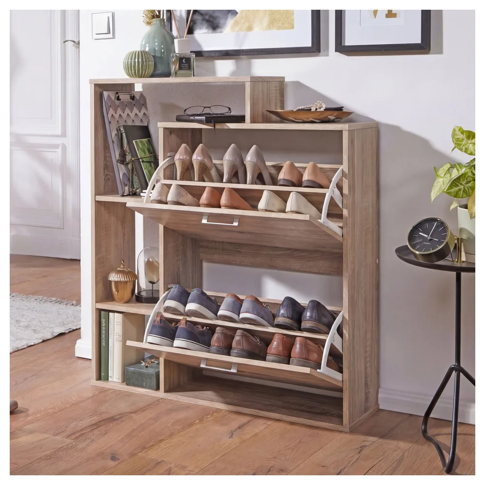 FineBuy Moderner Schuhkipper MASSA Holz 2 Fächer Sonoma Eiche 12 Paar Schuhe, Schuhschrank 85 x 24 x 93 cm, Schuhkommode Flur mit Ablage Regal