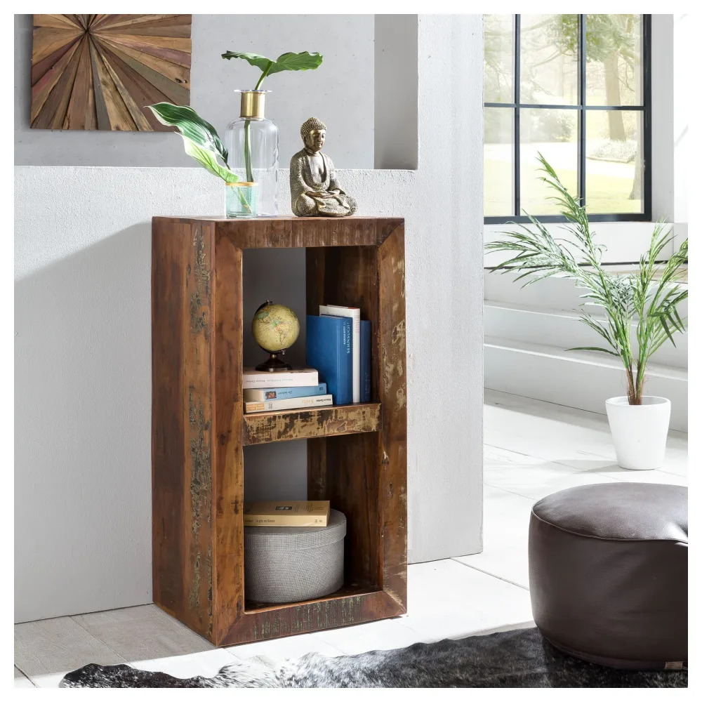 FineBuy Bücherregal KALKUTTA 45 x 35 x 90 cm, Massivholz Regal mit 2 Ebenen, Cube Beistelltisch Wohnzimmer, Standregal Shabby-Chic