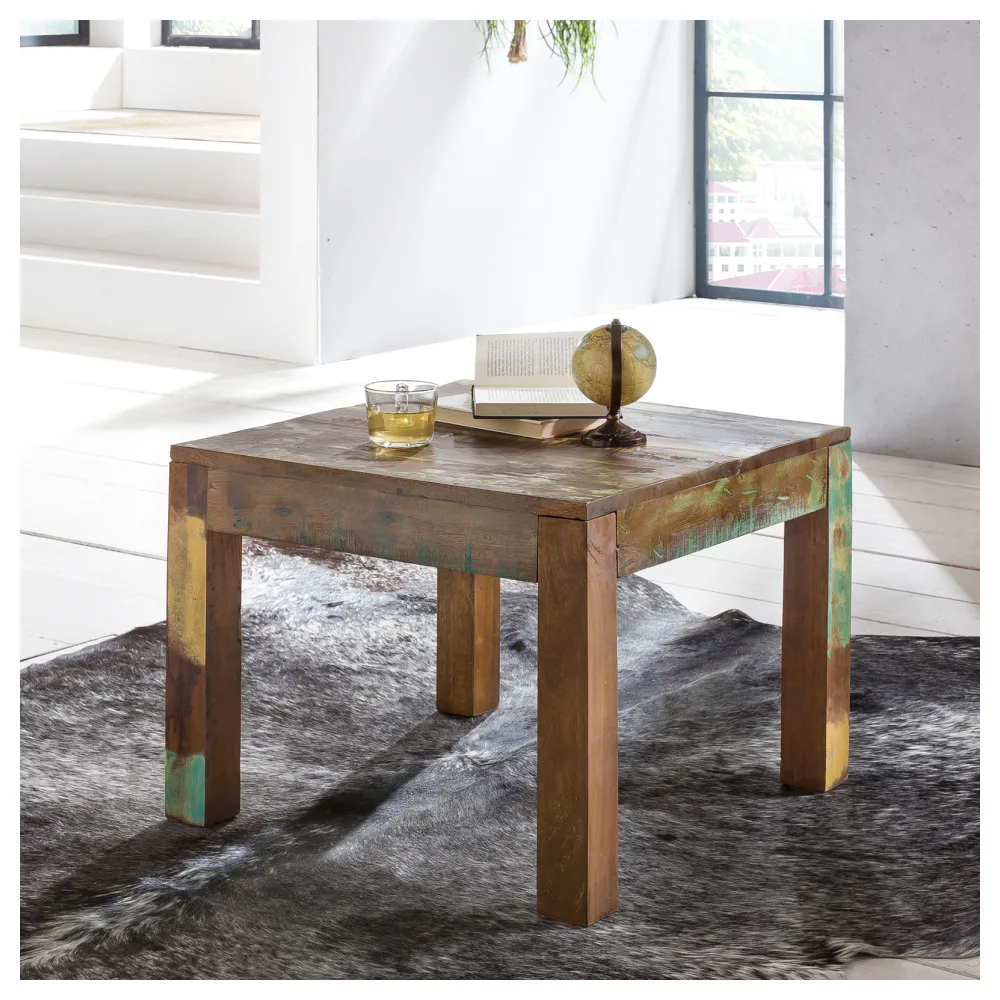 FineBuy Couchtisch KALKUTTA 60 x 47 x 60 cm, Massivholz Beistelltisch Shabby-Chic, Wohnzimmer Tisch aus Bootsholz, Sofatisch quadratisch