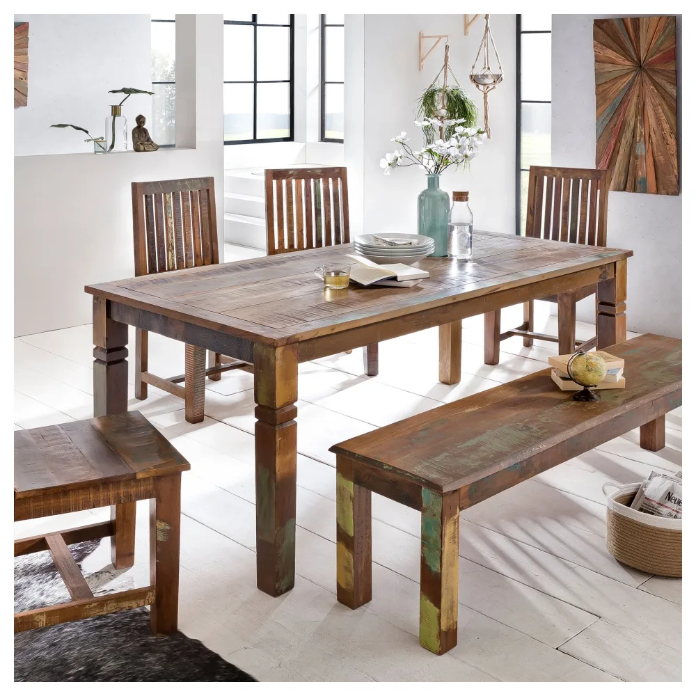 FineBuy Esszimmertisch KALKUTTA 120 x 70 x 76 cm, Massivholz Esstisch für 4-6 Personen, Küchentisch Bootsholz Shabby Chic, Tisch Esszimmer rechteckig