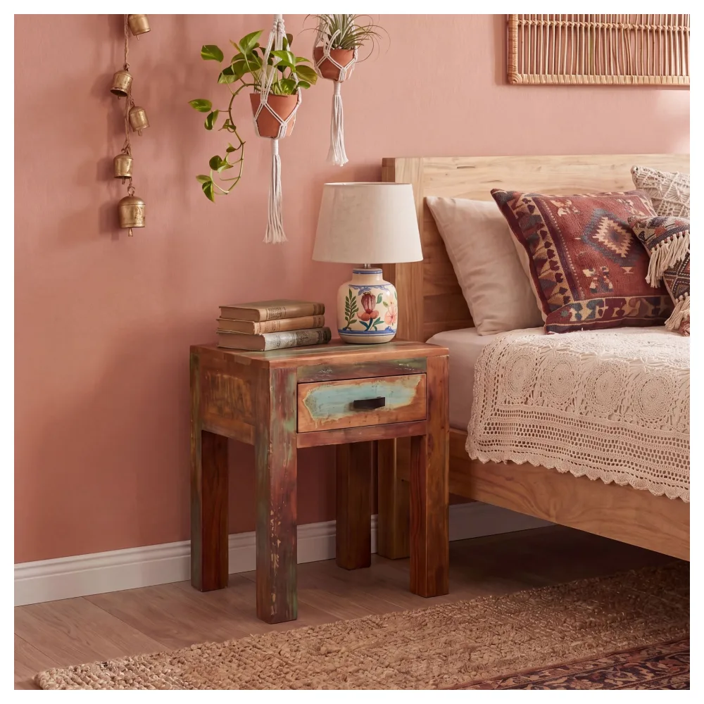 FineBuy Nachttisch KALKUTTA aus Mango Massivholz im Shabby Chic Design mit Schublade – kleiner Beistelltisch fürs Schlafzimmer oder Wohnzimmer, handgefertigte Nachtkonsole – 40x40x55 cm