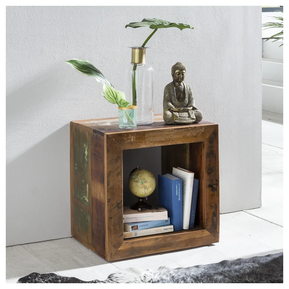 FineBuy Beistelltisch KALKUTTA 45 x 45 x 35 cm, Massivholz Cube Tisch für Wohnzimmer, Wohnzimmertisch mit Ablage, Nachttisch - Nachtkonsole - Nachtkästchen