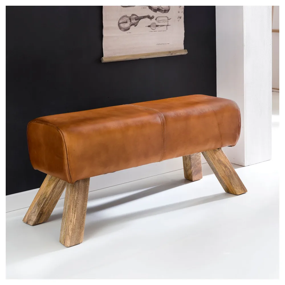 FineBuy Design Sitzbank Turnbock 90cm Cognac Echtleder Mangoholz Retro Sitzhocker, Lederhocker mit Holzbeinen, Sprinbock Hocker, Garderobenbank