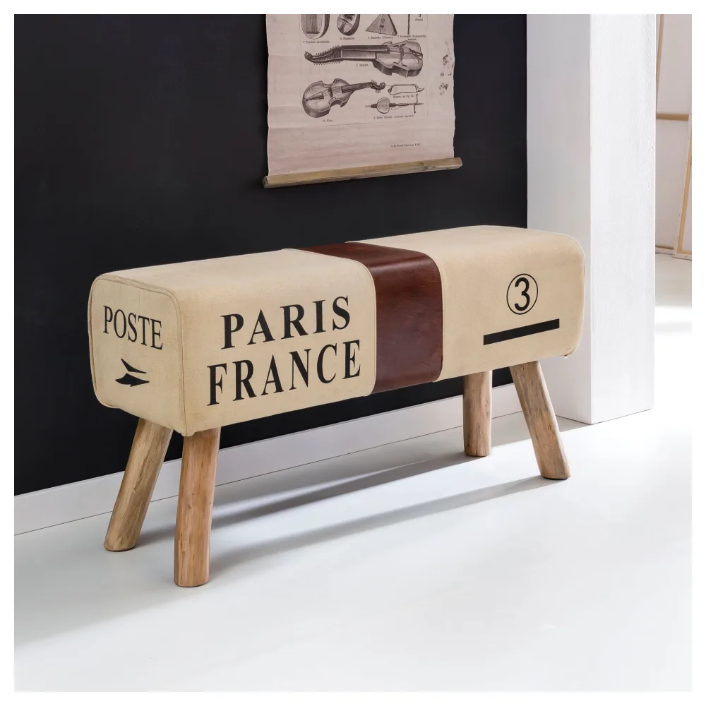 FineBuy Design Sitzbank POSTE Turnbock 90cm Stoff & Mangoholz - Retro Sitzhocker - Hocker mit Holzbeinen - Sprinbock - Garderobenbank