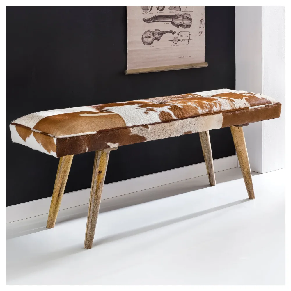FineBuy gepolsterte Sitzbank 120 cm Ziegenfell - Retro Polsterbank für Garderobe, Schlafzimmer & Wohnzimmer - Garderobenbank Eingangsbereich