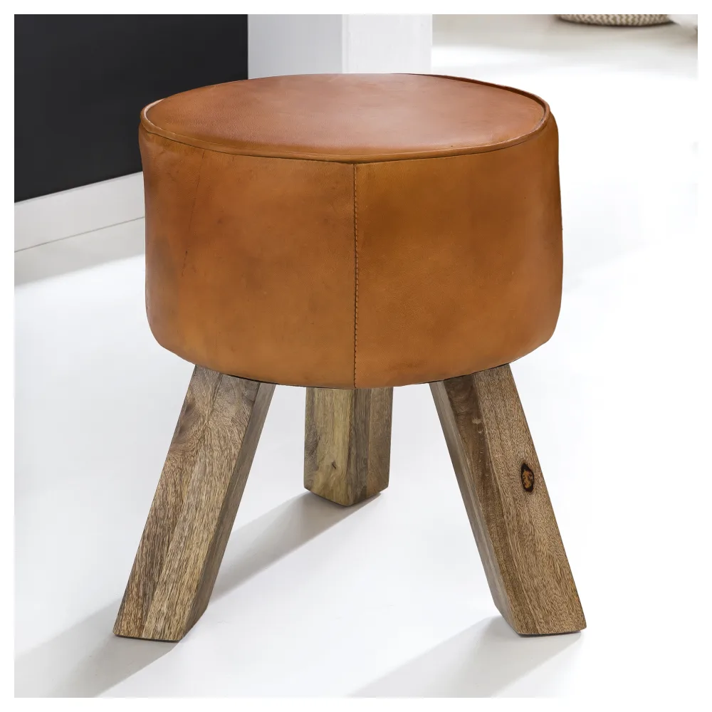 FineBuy Design Sitzhocker FB45553 Holz 37x45x37 cm Modern Fußhocker Rund, Turnbock Lederhocker Holzbeine, Hocker Massivholz mit Leder, Kleiner Fußhocker Gepolstert, Holzhocker mit Echtleder Braun