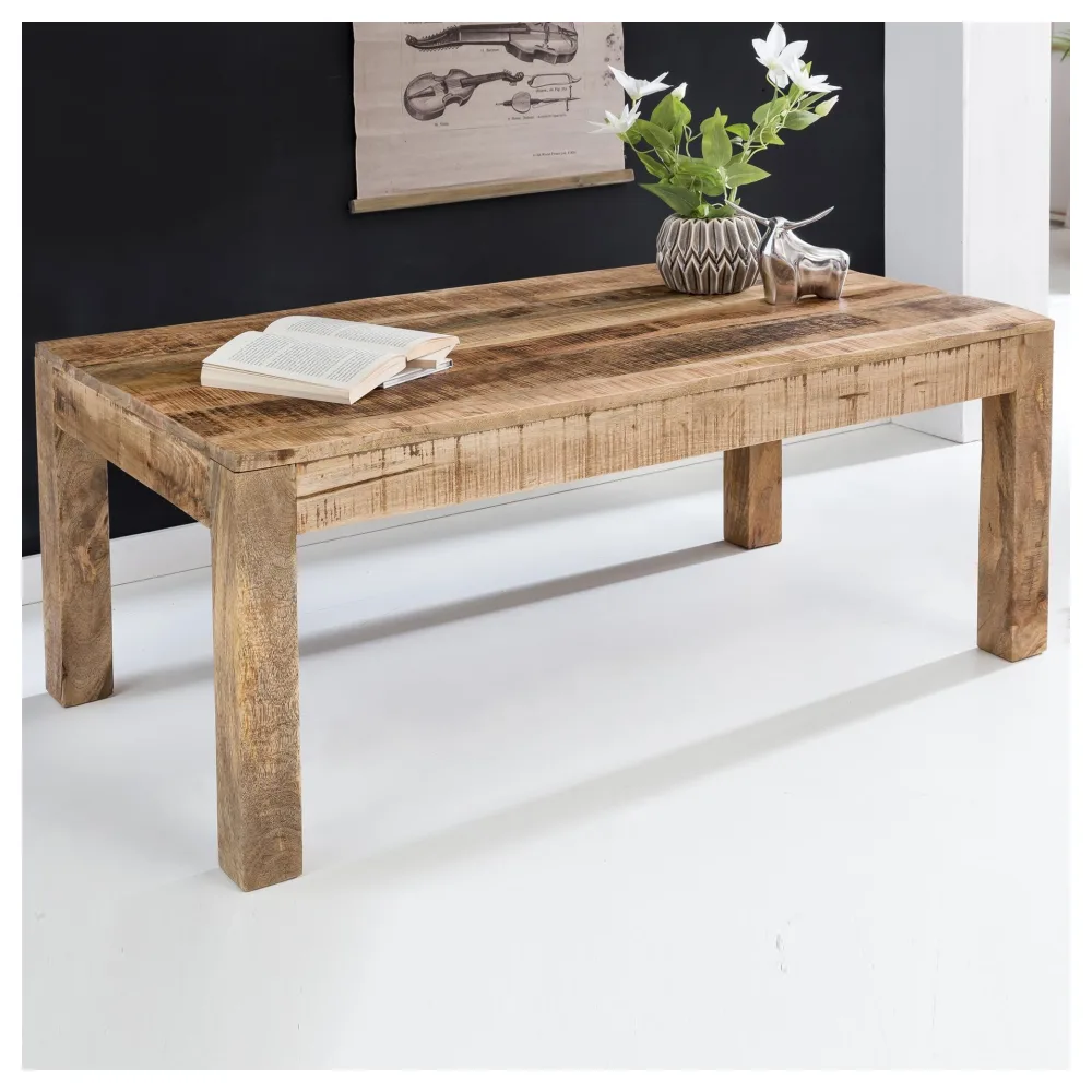 FineBuy Couchtisch Mango Massivholz 110cm · rechteckiger Wohnzimmertisch im Landhausstil · heller Massivholztisch mit markanter Holzmaserung & stabilem Design