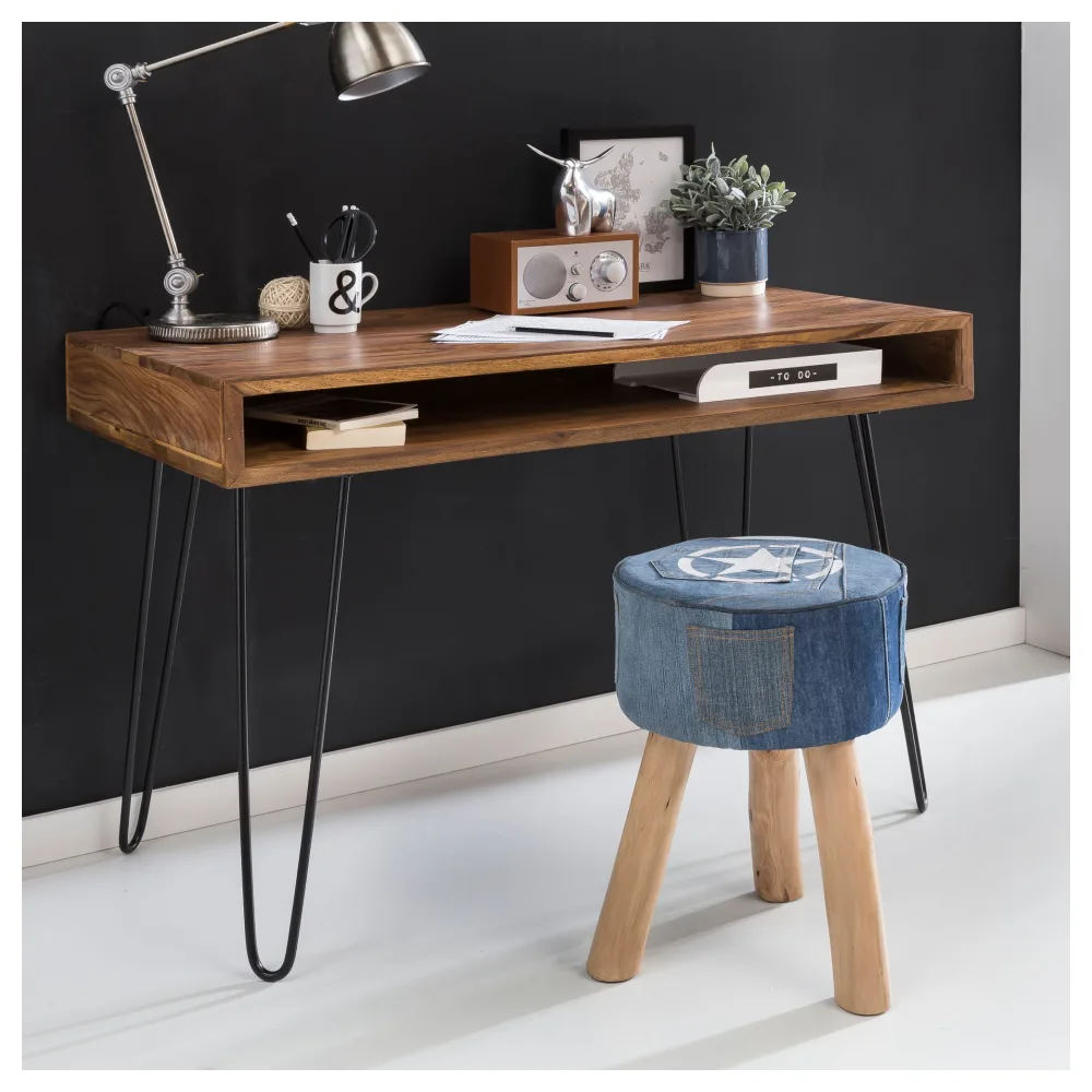 Massiver Schreibtisch HARLEM Sheesham Massiv Holz 110 x 60 x 76 cm mit Ablage, Computertisch Massivholz mit Metall Beinen, Design Holz PC Tisch