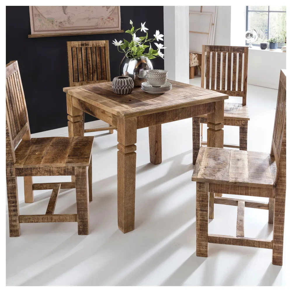 FineBuy Esstisch quadratisch 80 cm Mango Massivholz – Quadratischer Holztisch im Landhausstil, Design Esszimmertisch massiv, Küchentisch für 4 Personen, kleiner rustikaler Esstisch