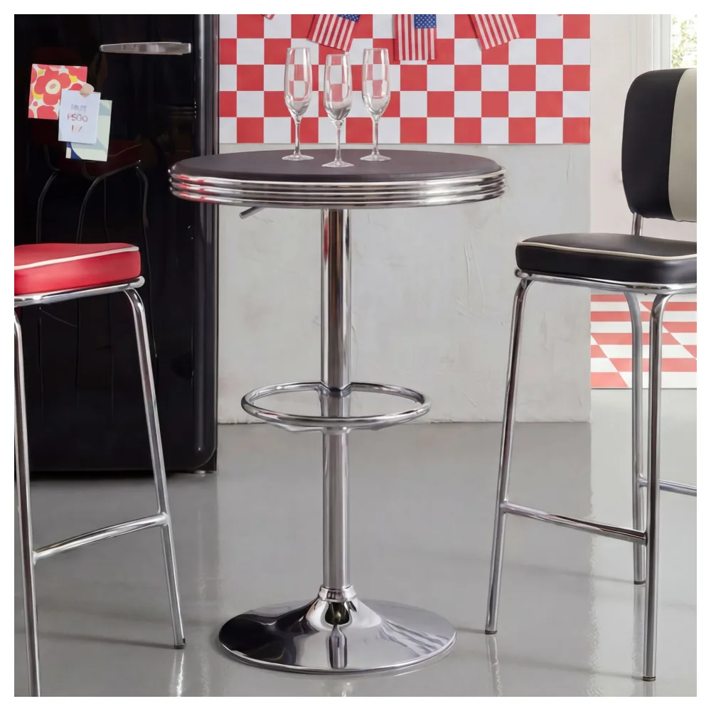 FineBuy American Diner Bartisch rund Ø 60 cm Aluminium Kunstlederbezug, Retro Stehtisch USA Schwarz/Silber, Robuster Bistrotisch 50er Jahre, Partytisch mit Untergestell aus verchromtem Alu