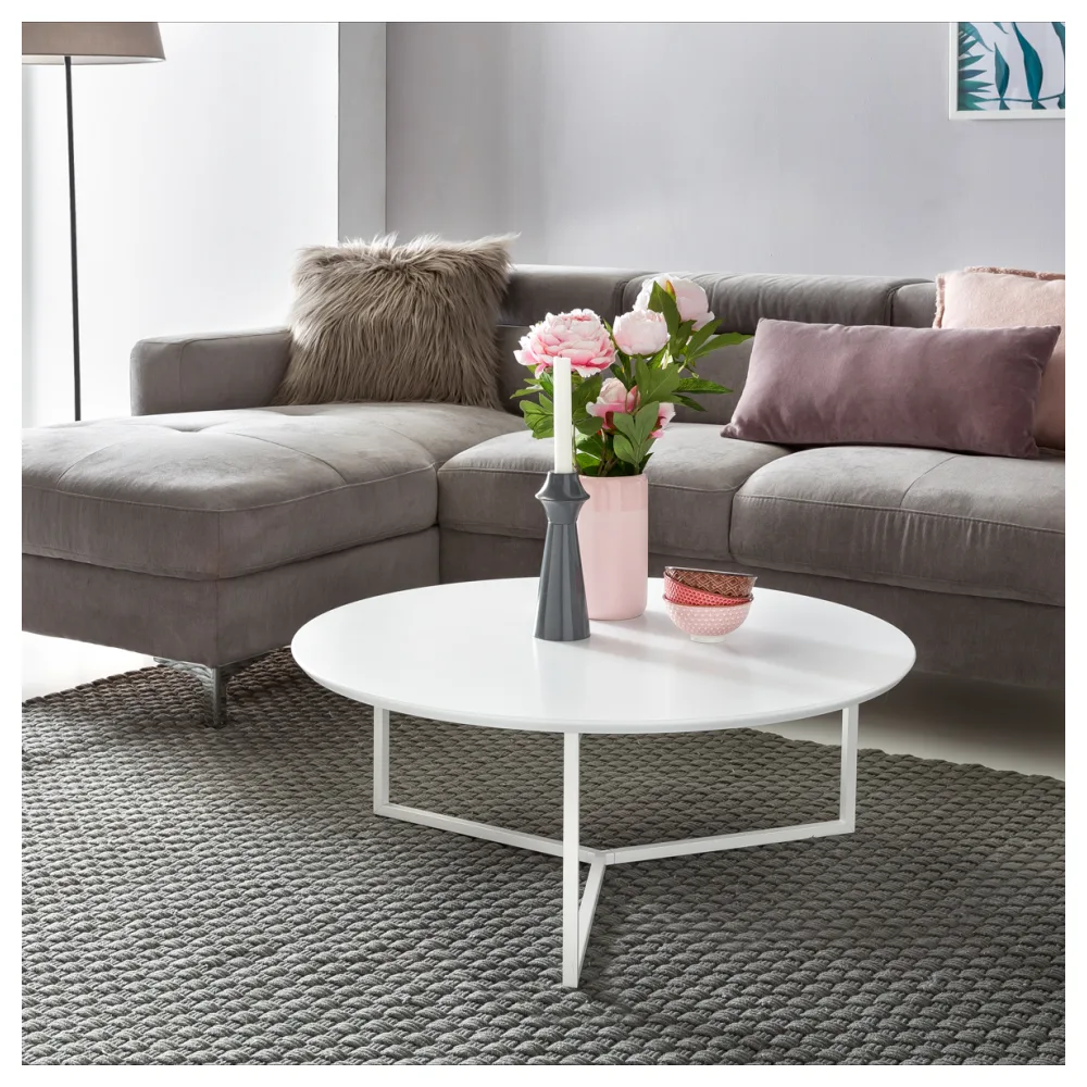FineBuy Design Couchtisch 80 cm Rund Weiß Matt lackiert, Moderner Wohnzimmertisch MDF Holz, Lounge Sofa Tisch Metall Gestell