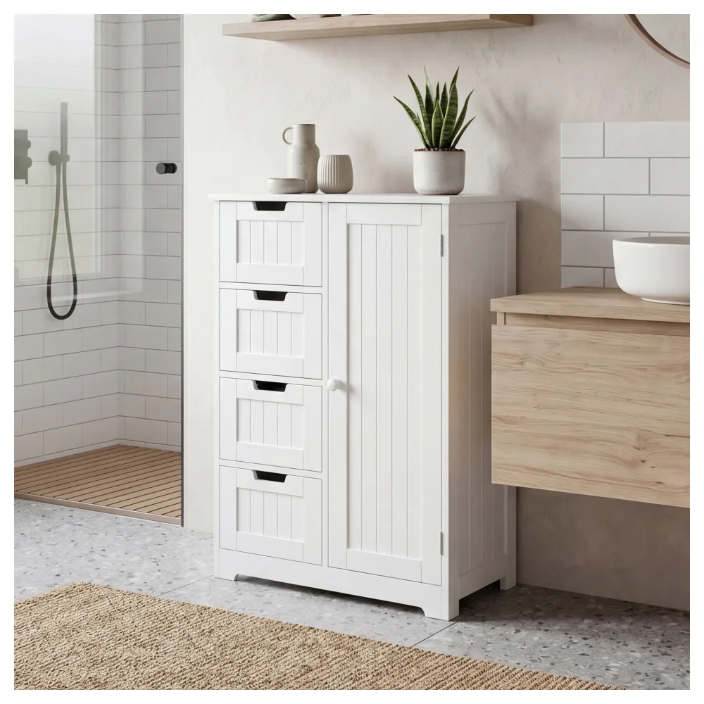 FineBuy Design Badschrank Landhaus-Stil MDF-Holz 56 x 83 x 30 cm weiß, Badezimmerschrank klein 4 Schubladen & 1 Tür, Beistellschrank Mehrzweckschrank