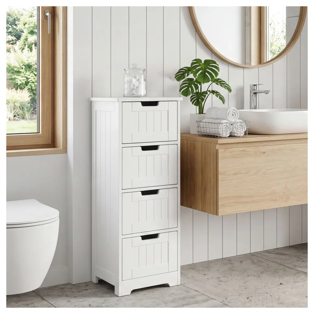 FineBuy Design Badschrank Landhaus-Stil MDF-Holz 30 x 83 x 30 cm weiß, Badezimmerschrank klein 4 Schubladen, Beistellschrank Mehrzweckschrank