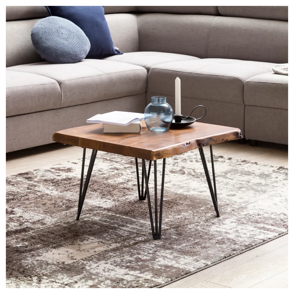 FineBuy Design Couchtisch Massivholz Tisch Baumkante 56 x 38 x 51 cm, Sheesham Holztisch mit Metallbeinen, Wohnzimmertisch im rustikalen Landhausstil