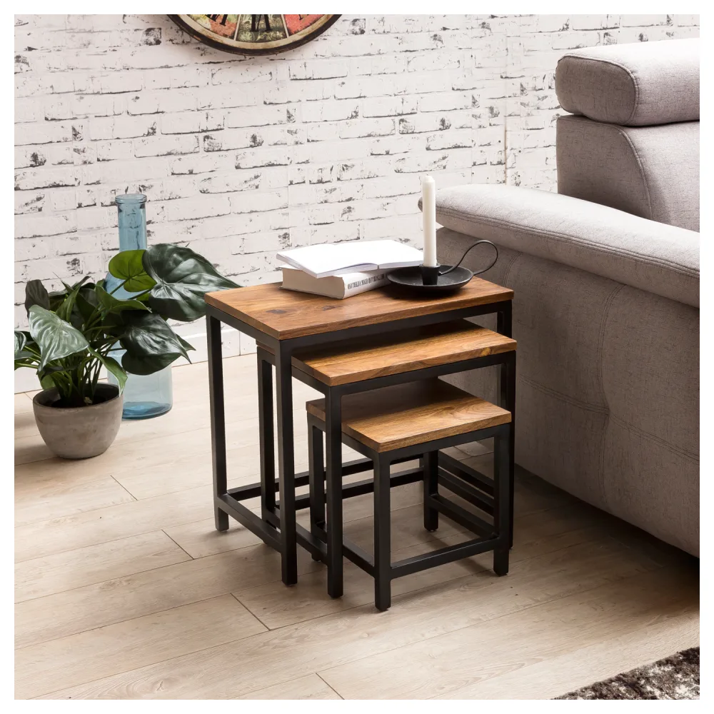 FineBuy 3er Set Design Beistelltisch Sheesham Satztisch Metallbeine, Tischset 3 teilig Materialmix, Couchtisch aus Massivholz