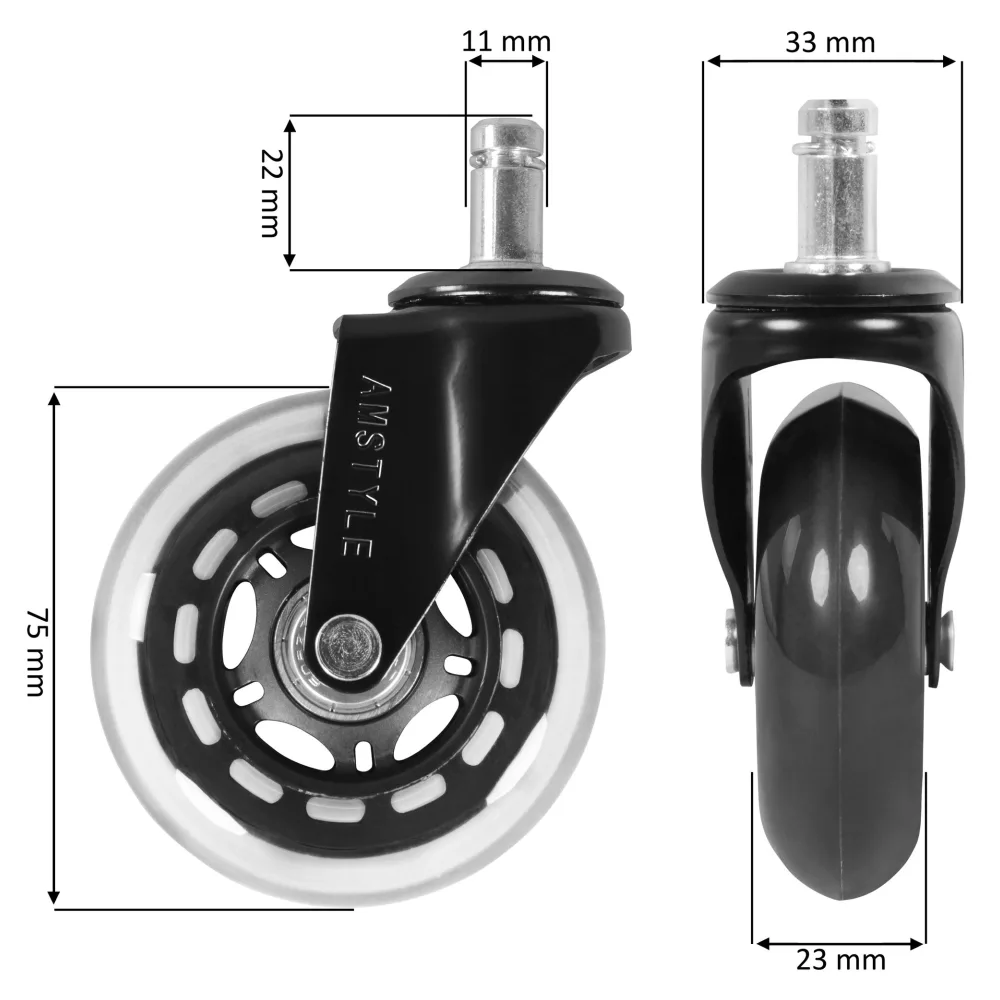 FineBuy 5er-Set Universal Bürostuhlrollen Ø 75mm - Stift 11mm Gummi Rollen Leise, Hartboden Rollen, Parkett, Laminat, Fliesen, Premium Hartbodenrollen, Schwerlastrollen für Bürostuhl