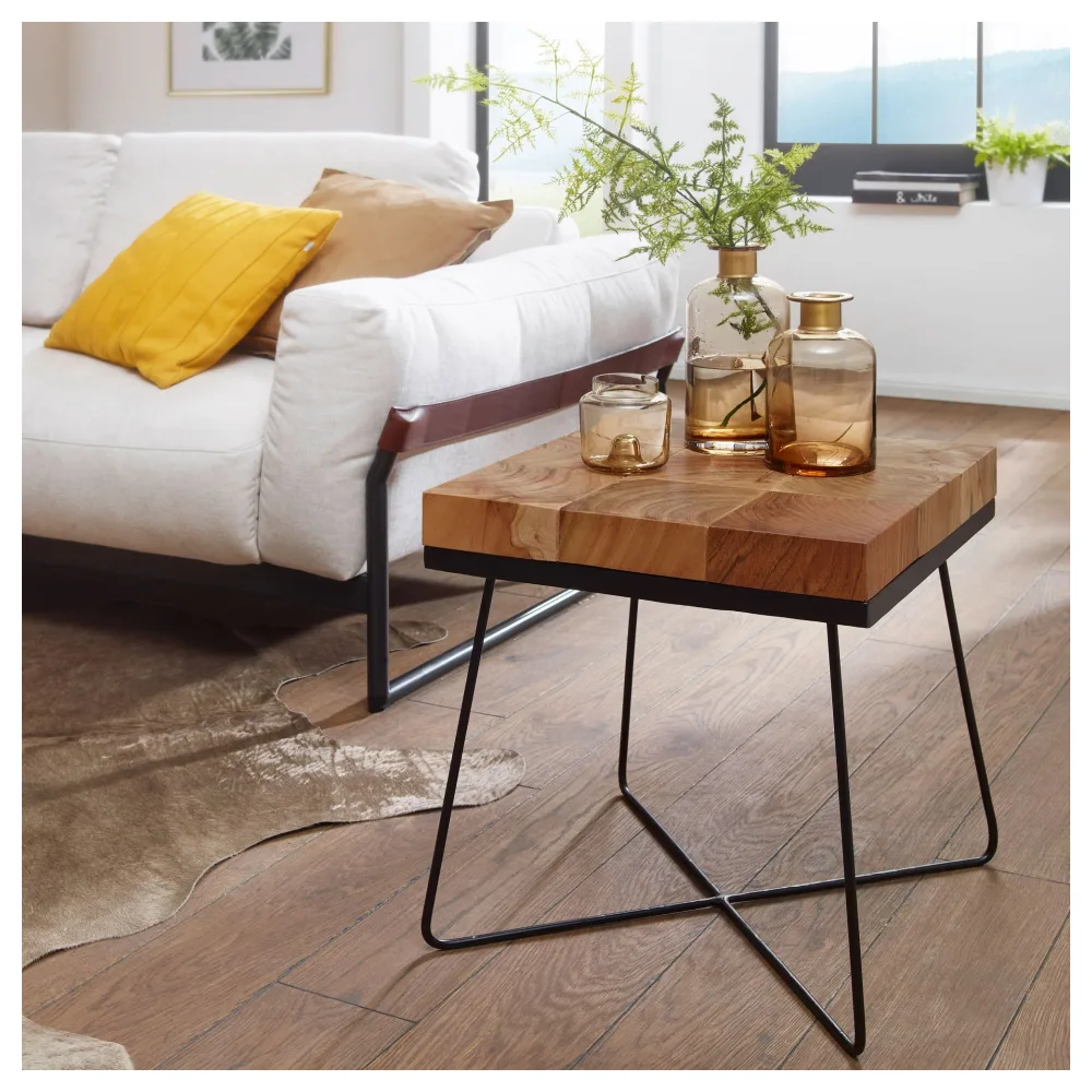 FineBuy Beistelltisch 45 x 45 x 51 cm Akazie Massivholz mit Metallgestell, Industrial Anstelltisch Quadratisch Massiv Holz Tisch Braun, Wohnzimmertisch Modern Holztisch mit Metallbeinen