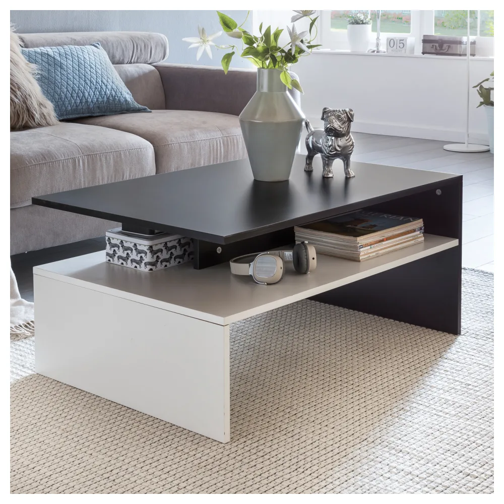 FineBuy Wohnzimmertisch 90 x 43 x 60 cm mit Ablage Holz Schwarz / Weiß, Design Wohnzimmer Couchtisch Zweiteilig mit Stauraum, Sofatisch Eckig Kaffeetisch Modern, Loungetisch Groß & Hoch