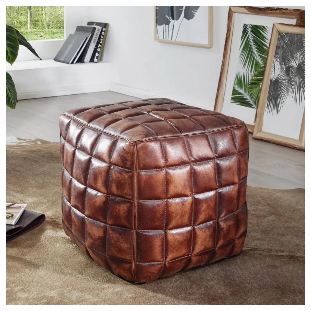 FineBuy Sitzwürfel Echtleder braun 39 x 41 x 39 cm Ottomane Wohnzimmer, Design Pouf Hocker orientalisch, Polster Sitzhocker edel, Orient Beinablage Sofa, Würfel Polsterhocker eckig