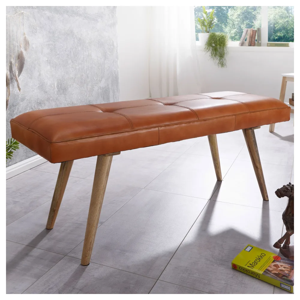 FineBuy gepolsterte Sitzbank 120cm Massivholz Echtleder Braun - Polsterbank für Garderobe, Schlafzimmer & Wohnzimmer - Garderobenbank Eingangsbereich