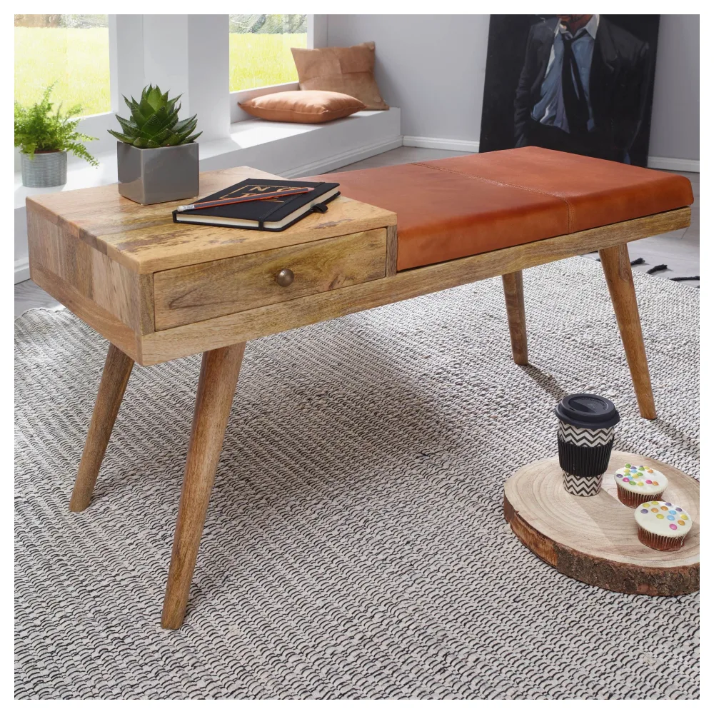 FineBuy gepolsterte Sitzbank 100 cm Massivholz Echtleder mit Schublade - Retro Polsterbank für Garderobe, Schlafzimmer, Wohnzimmer - Garderobenbank Eingangsbereich