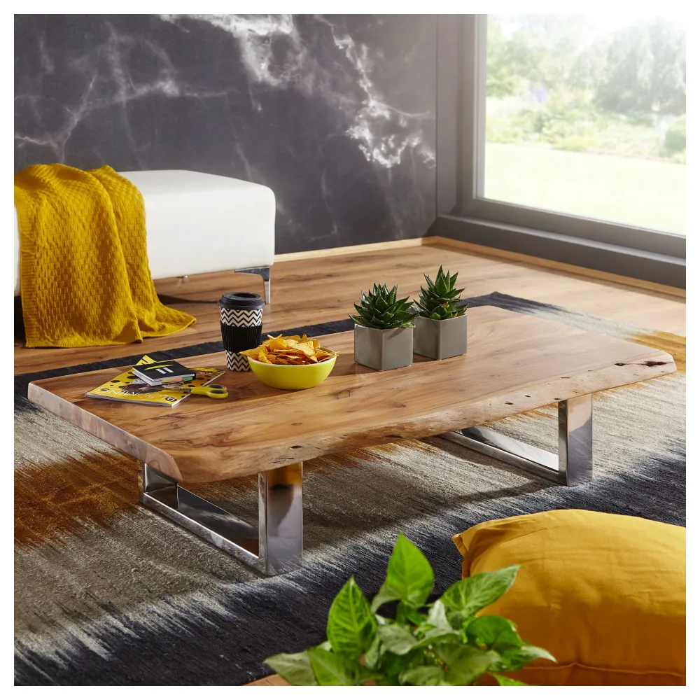 FineBuy Couchtisch Akazie Massivholz 115 cm rechteckig · Flacher Wohnzimmertisch mit Baumkante und Kufengestell · Handgefertigter Designer Tisch im modernen Industrial Stil