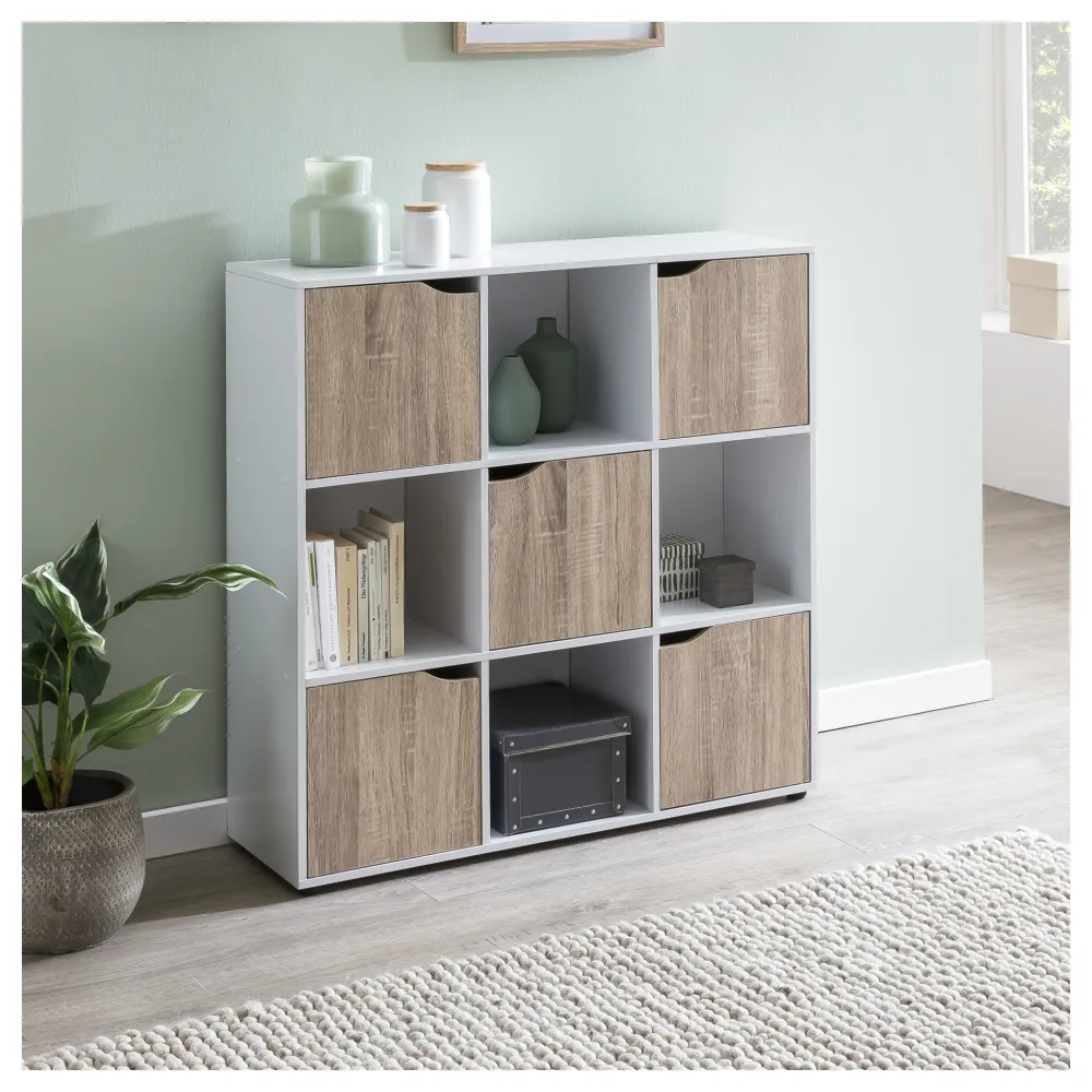 FineBuy Standregal MASSA 89 x 91 x 29 cm Bücherregal mit 9 Fächern Sonoma, Sideboard mit 5 Türen, Modernes Würfelregal Raumteiler, Flurschrank offen, Cuberegal Kommode Wohnregal