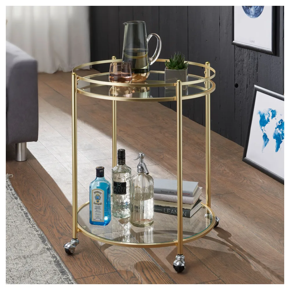 FineBuy Design Servierwagen Gold Ø 57 cm Beistelltisch, Teewagen Metall mit Rollen, Küchenwagen mit Glasplatten, Barwagen rund 75 cm hoch, Küchentrolley modern, Rollwagen
