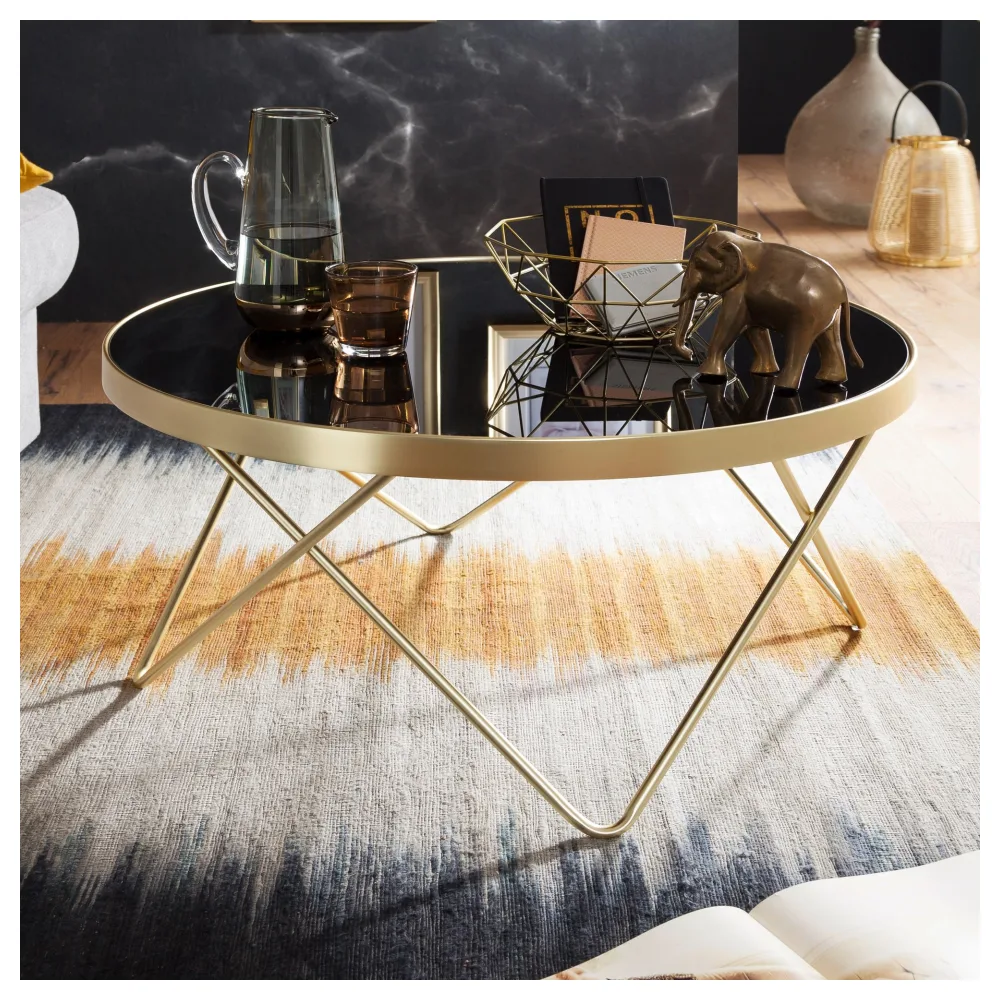 FineBuy Design Couchtisch Ø 82 cm Schwarz Gold Beistelltisch Metall / Glas, Tisch mit Glasplatte, Ablagetisch modern, Großer Wohnzimmertisch, Glastisch mit Metallgestell