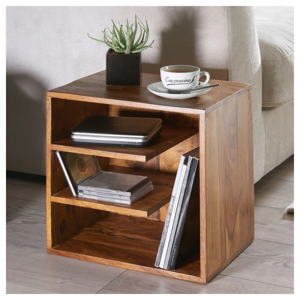 FineBuy Beistelltisch 43x43x30 cm Sheesham Massivholz Design Nachttisch, Kleiner Wohnzimmertisch mit Ablagen, Designer Holztisch massiv, Nachtkonsole Nachtkommode Holz, Anstelltisch modern
