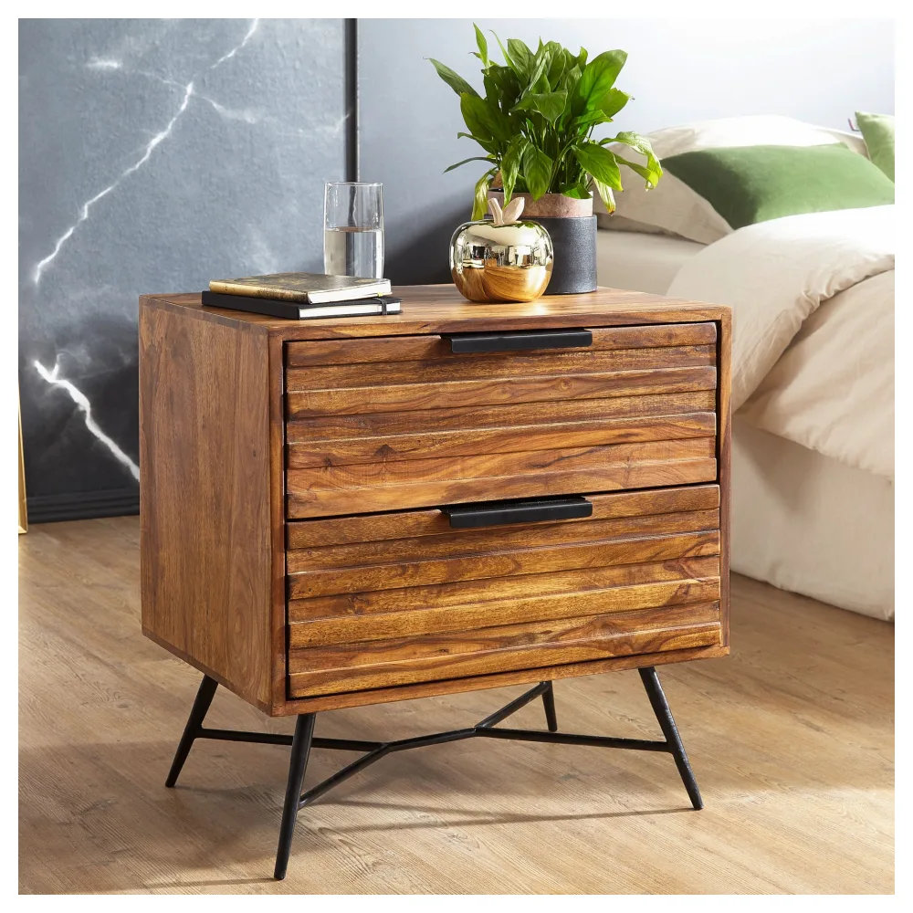 FineBuy Nachtkonsole Sheesham Massivholz mit 2 Schubladen – Nachttisch im Industrial Design mit Metallbeinen, Boxspring Nachtkästchen fürs Schlafzimmer 60x60x40 cm