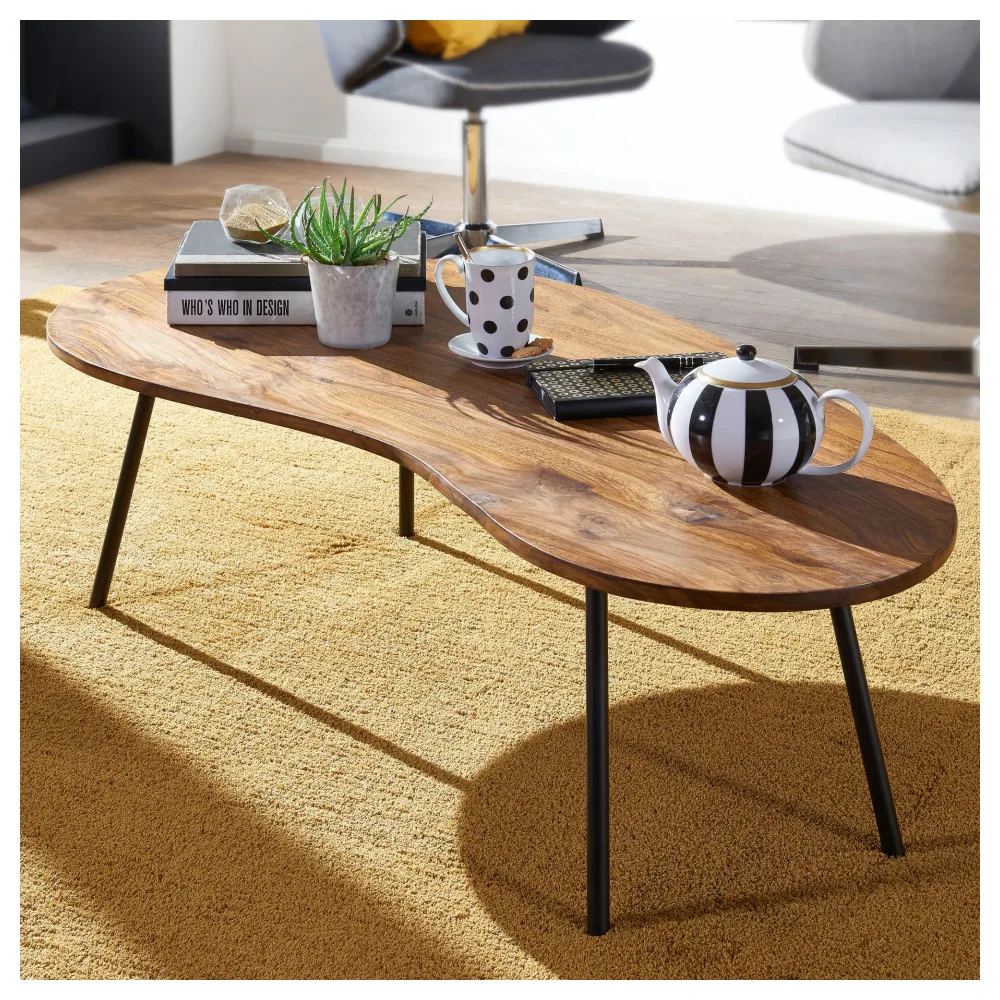 FineBuy Couchtisch Sheesham Massivholz 122x63 cm · Wohnzimmertisch im Retro Design · Nierenform 50er Stil · Handgefertigt mit Metallbeinen