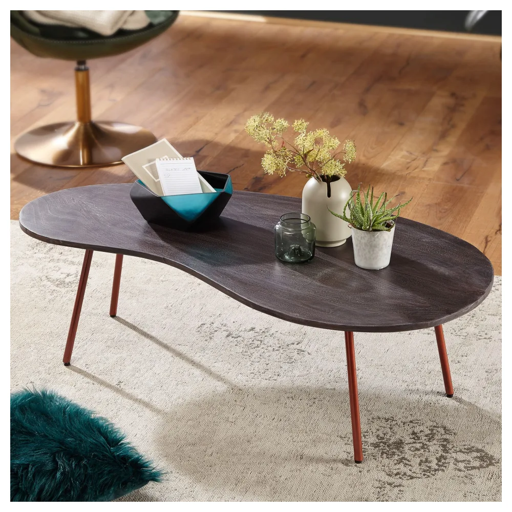 FineBuy Couchtisch Akazie Grey Massivholz 122 cm · Wohnzimmertisch in Nierenform Metallbeinen · Handgefertigter Design Tisch Retro organische Form