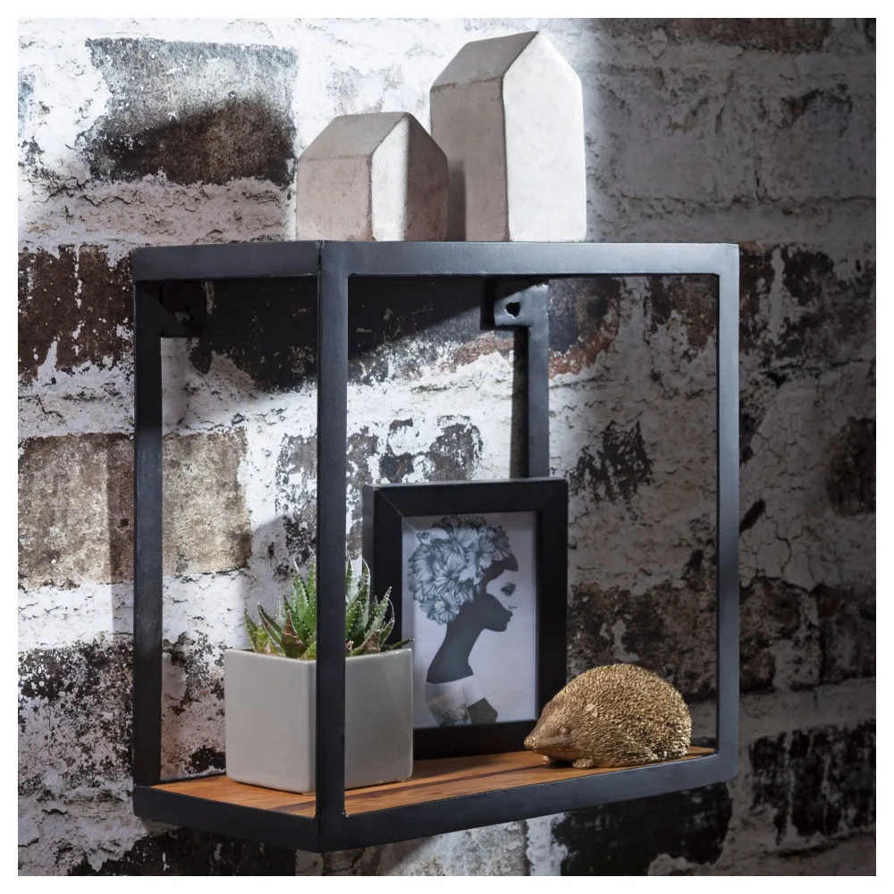 FineBuy Wandregal PURI 35x18x35 cm Sheesham Massivholz, Bücherregal hängend, Metallregal mit Echtholz Regalboden, Holzregal quadratisch, Dekoregal Hängeregal