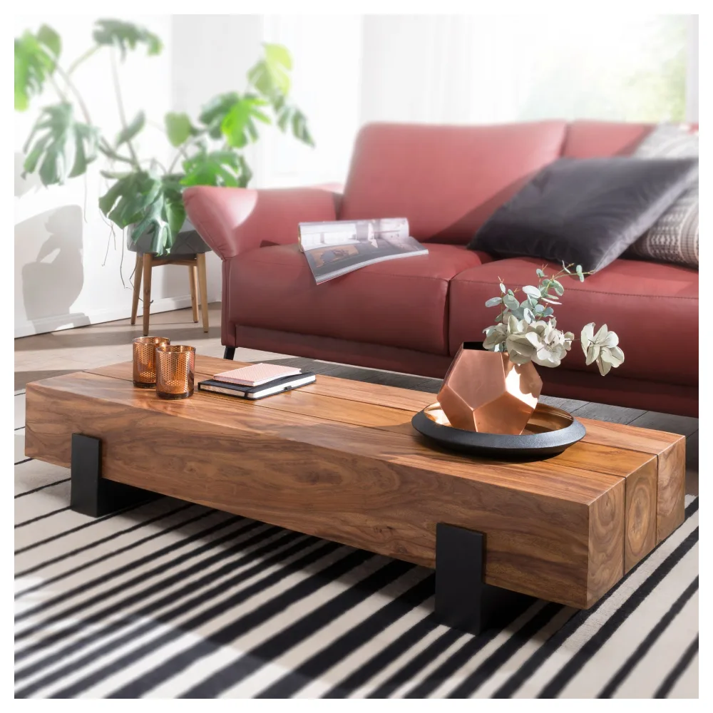 FineBuy Couchtisch Sheesham Massivholz rechteckig 115cm – Wohnzimmertisch im modernen Industrial Block Design mit Metallfüßen | Handgefertigter Holztisch
