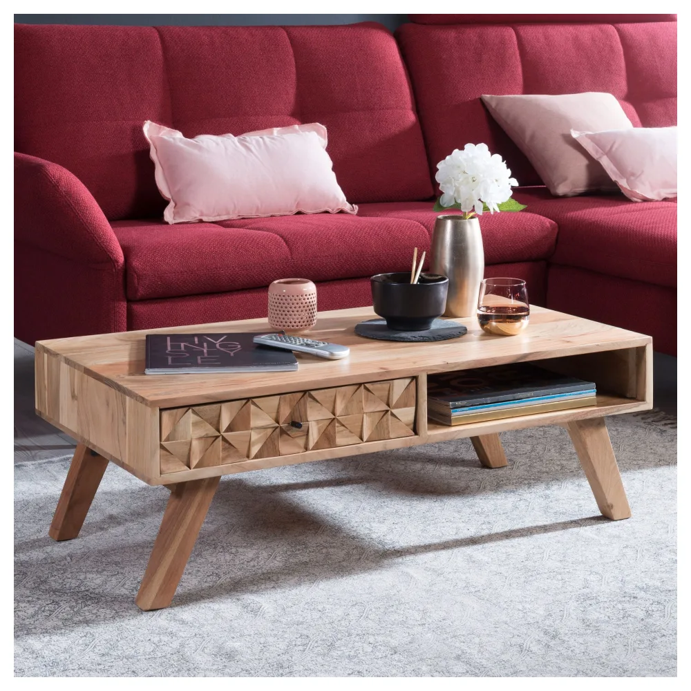 FineBuy Couchtisch Akazie Massivholz 95cm · Wohnzimmertisch mit Schublade & Ablagefach · Handgefertigter Sofatisch mit 3D-Front im modernen Retro Design