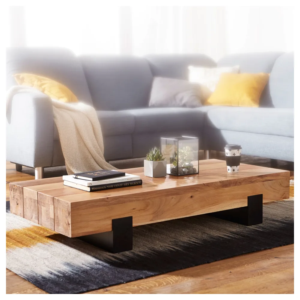 FineBuy Couchtisch 130x59x25 cm Akazie Massivholz / Metall Sofatisch, Design Wohnzimmertisch Modern, Stubentisch Braun / Schwarz, Designer Kaffeetisch Massiv, Tisch Wohnzimmer Rechteckig