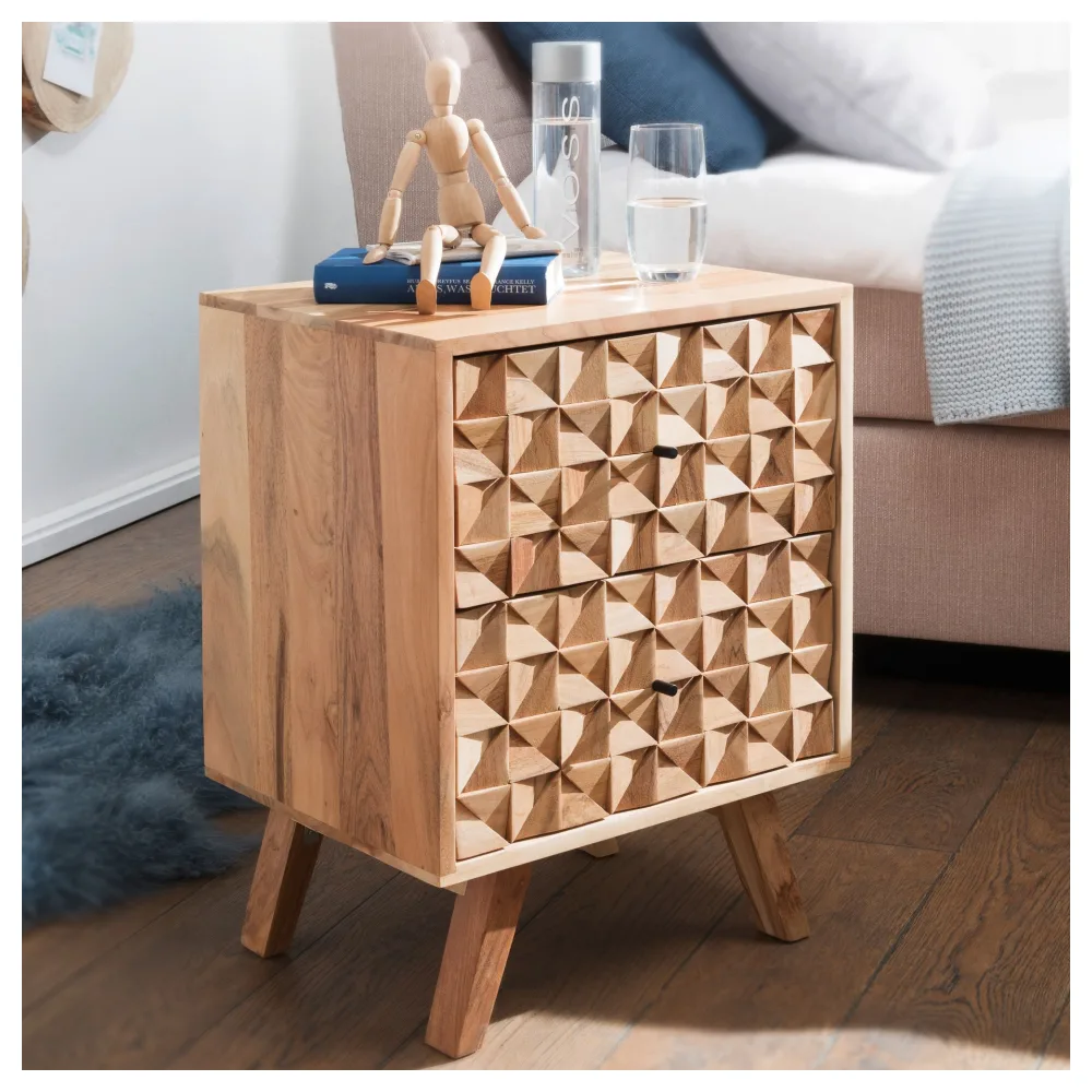 FineBuy Nachtkästchen Akazie Massivholz – Nachttisch mit 2 Schubladen, handgefertigt mit 3D Schnitzereien Nachtkommode geeignet für Boxspringbetten 44x35x61cm