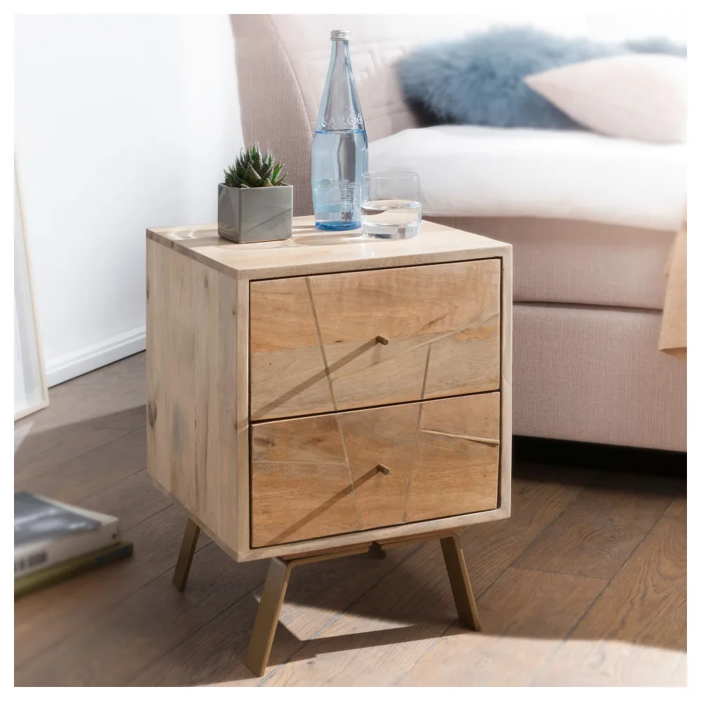 FineBuy Nachtkonsole aus Mango Massivholz mit 2 Schubladen – moderner Nachttisch für Boxspringbetten im Natur Design, Nachtkästchen handgefertigt 40x56x40 cm