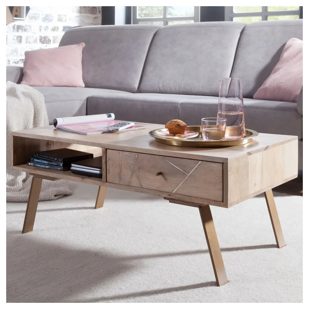 FineBuy Couchtisch Mango Massivholz rechteckig 95cm · Wohnzimmertisch mit Schublade & Ablagefach · Landhausstil Massivholztisch mit Metallbeinen im modernen Retro Design