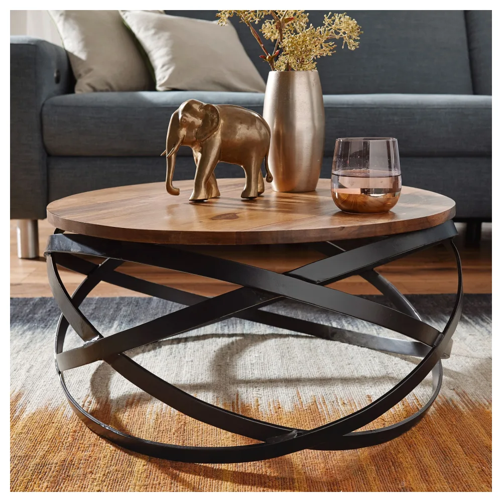 FineBuy Couchtisch MANUR rund aus Sheesham Massivholz Ø 60 cm – Wohnzimmertisch im Industrial Design mit schwarzem Metallgestell – Handgefertigter Holztisch Natur