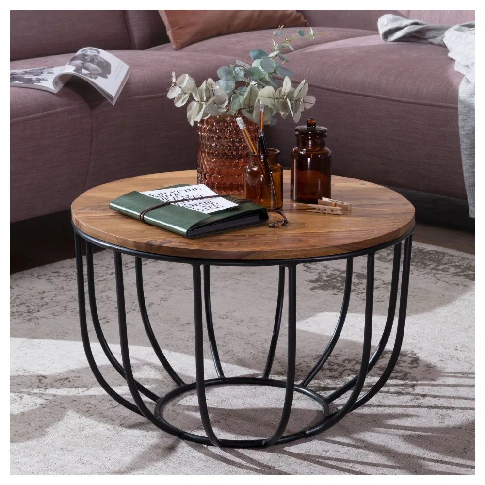FineBuy Couchtisch Sheesham rund Ø 60 cm – Wohnzimmertisch aus Massivholz mit Metallgestell – Handgefertigter Sofatisch im modernen Industrial Design