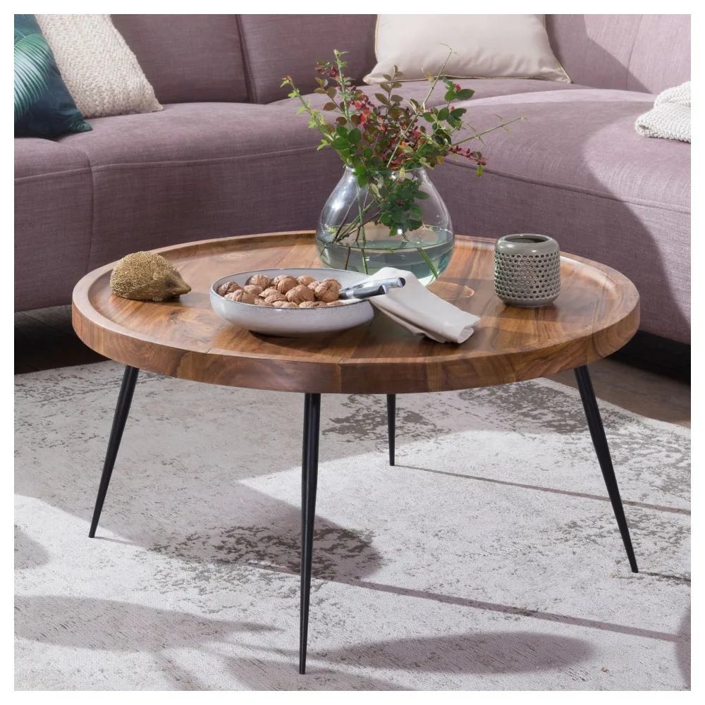FineBuy Couchtisch Sheesham Massivholz rund Ø 75 cm – Wohnzimmertisch mit Metallbeinen | Design Holztisch handgefertigt im modernen Retro Stil