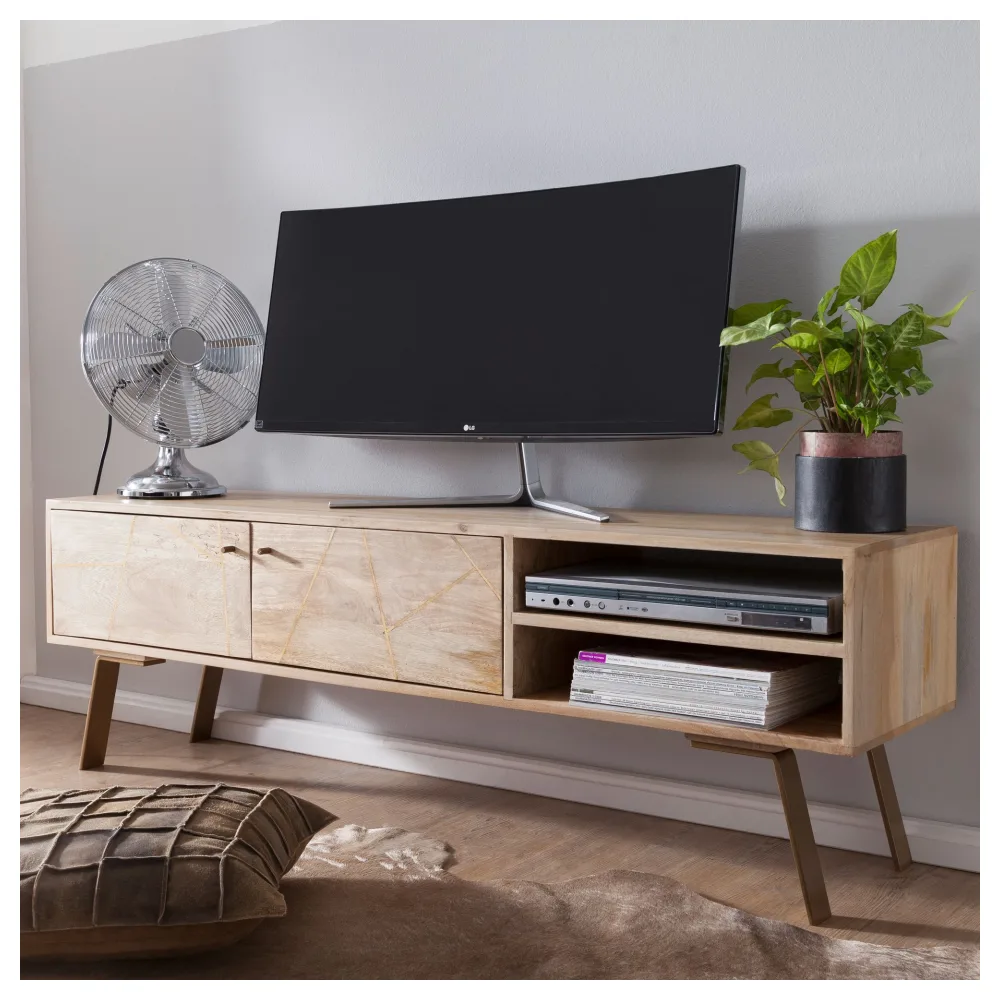 FineBuy HiFi Lowboard SIKAR Mango Massivholz TV Kommode 145x47x35 cm, Fernsehschrank mit 2 Türen, Fernsehtisch Ablagefach, Fernsehkommode TV Möbel, TV-Board