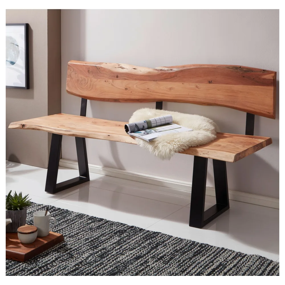 FineBuy Esszimmerbank TREE 180x85,5x60 cm Akazie Massivholz Bank mit Baumkante, Sitzbank Holzbank mit Lehne, Küchenbank Essbank Holz Landhausstil, Baumstamm Küchensitzbank 4 Sitzer Massiv
