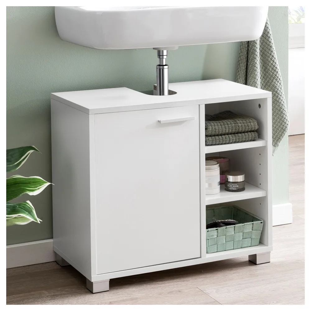 FineBuy Waschbeckenunterschrank 60x55x32 cm weiß mit Tür, Unterschrank Waschbecken Badezimmer, Waschtischunterschrank mit Fächern, Badezimmerschrank mit Ablage