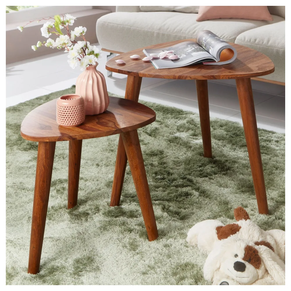 FineBuy Design Satztisch FB51391 Sheesham Massivholz Beistelltisch 2er Set Klein, Couchtisch Set 2 Holz Tische, Massivholz Wohnzimmertisch, Schmaler Sofatisch Ablagetisch